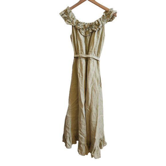 Reformation 100% Linen Sycamore Off Shoulder Midi Dress in Dried Herbs Green S - Picture 6 of 9